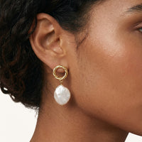 Angled view of Pearl Glow Drop Vermeil Earrings with luminous irregular pearl drops, twisted circular studs and post backs | Olaty