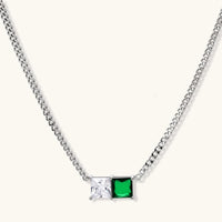 Emerald green and clear zirconia two stone necklace with polished curb chain | Olaty