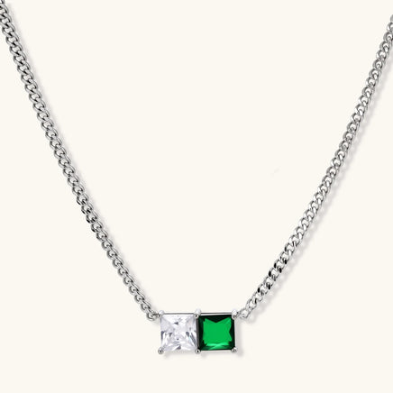 Emerald green and clear zirconia two stone necklace with polished curb chain | Olaty