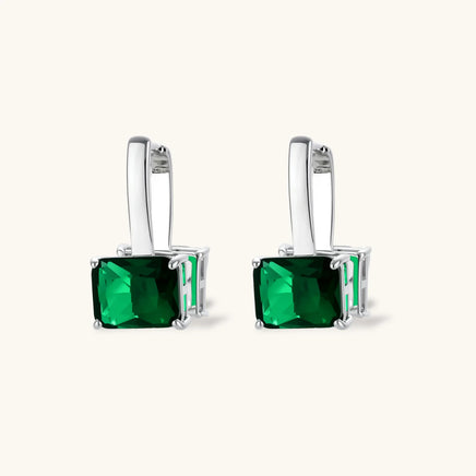 Emerald green zirconia geometric drop earrings in polished white gold plated setting | Olaty