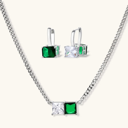 Emerald green and clear zirconia geometric Jewelry Set with necklace and matching earrings | Olaty