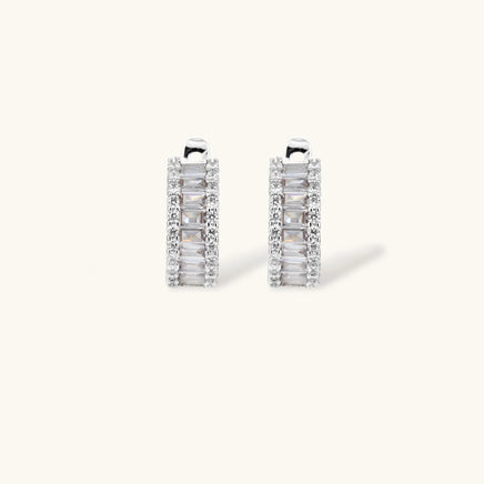 Baguette zirconia huggie earrings with sparkling round zirconia side accents | Olaty