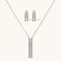Baguette zirconia linear pendant necklace and matching huggie earrings jewelry set | Olaty