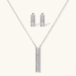 Baguette zirconia linear pendant necklace and matching huggie earrings jewelry set | Olaty