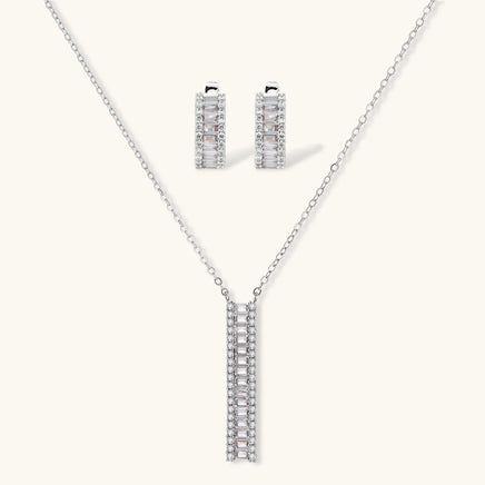 Baguette zirconia linear pendant necklace and matching huggie earrings jewelry set | Olaty