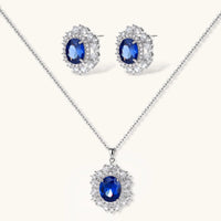 Sapphire blue halo necklace and stud earrings set with clear zirconia stones | Olaty