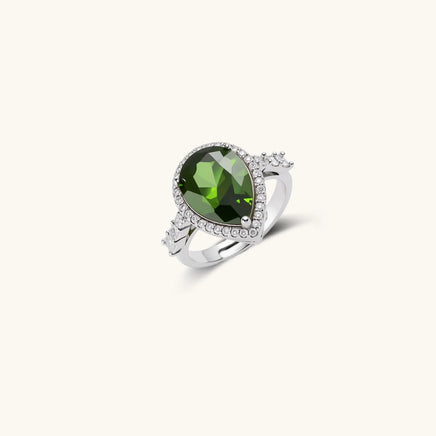 Emerald green teardrop zirconia halo adjustable statement ring | Olaty