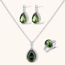 Emerald green teardrop zirconia necklace earrings and ring jewelry set | Olaty