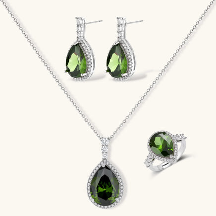 Emerald green teardrop zirconia necklace earrings and ring jewelry set | Olaty