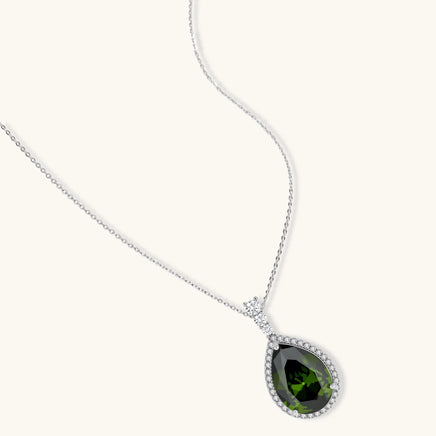 Emerald green teardrop zirconia halo pendant necklace | Olaty