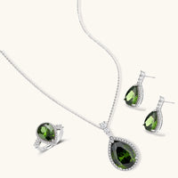Emerald green teardrop zirconia necklace ring and drop earrings set | Olaty