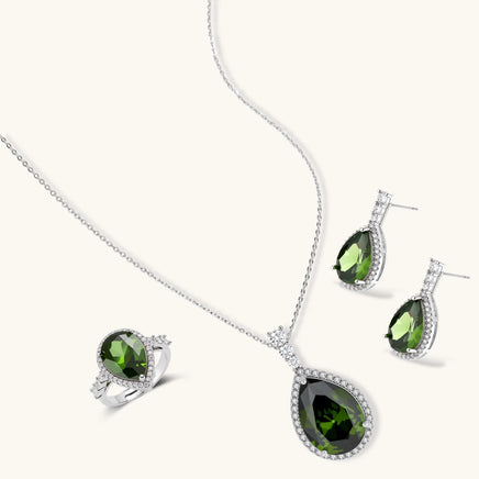 Emerald green teardrop zirconia necklace ring and drop earrings set | Olaty