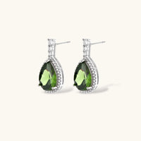 Emerald green teardrop zirconia halo drop earrings | Olaty
