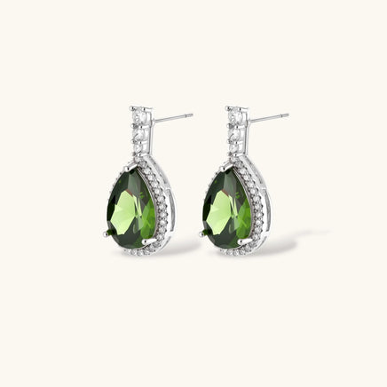 Emerald green teardrop zirconia halo drop earrings | Olaty