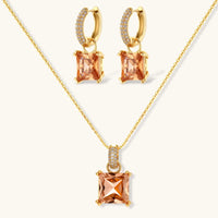 Champagne zirconia geometric pendant necklace and matching drop huggie earrings | Olaty