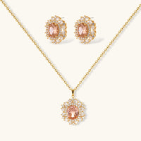 Vintage peach zirconia halo pendant necklace and matching stud earrings | Olaty