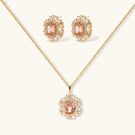 Vintage peach zirconia halo pendant necklace and matching stud earrings | Olaty