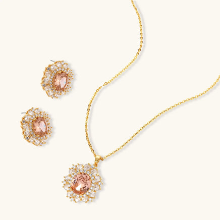 Vintage jewelry set with peach zirconia pendant necklace and matching stud earrings | Olaty