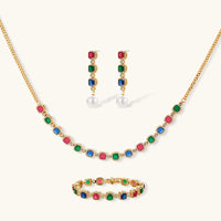 Multicolor zirconia necklace, pearl drop earrings and matching bracelet jewelry set | Olaty
