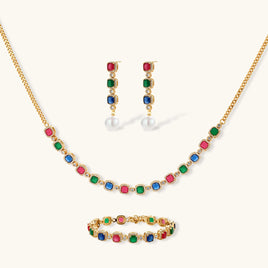 Multicolor zirconia necklace, pearl drop earrings and matching bracelet jewelry set | Olaty