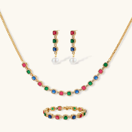 Multicolor zirconia necklace, pearl drop earrings and matching bracelet jewelry set | Olaty