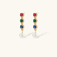 Multicolor zirconia drop earrings with red green and blue stones and white pearl drops | Olaty