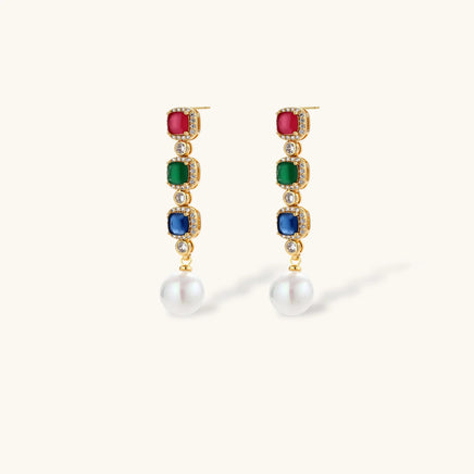 Multicolor zirconia drop earrings with red green and blue stones and white pearl drops | Olaty
