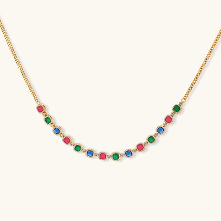Multicolor zirconia necklace with alternating red green and blue cushion-shaped stones | Olaty