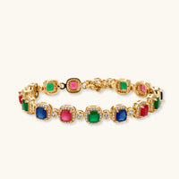 Multicolor zirconia bracelet with red green and blue cushion-shaped stones and clear accents | Olaty
