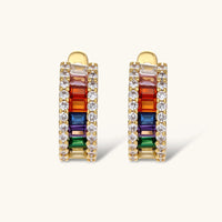 Close-up of rainbow baguette zirconia hoop earrings with clear zirconia accents | Olaty