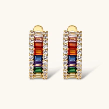 Close-up of rainbow baguette zirconia hoop earrings with clear zirconia accents | Olaty