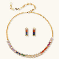 Rainbow baguette zirconia necklace and matching earrings shown as a coordinated jewelry set | Olaty