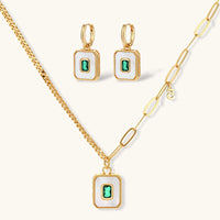 Emerald green Zirconia geometric necklace and matching huggie earrings set | Olaty
