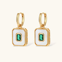 Emerald green Zirconia geometric drop huggie earrings close-up | Olaty