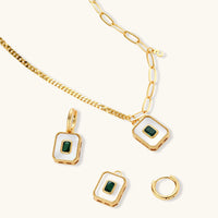 Emerald green Zirconia necklace and detachable huggie earring charms in geometric design | Olaty