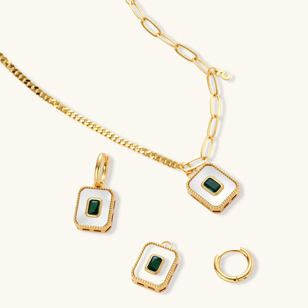 Emerald green Zirconia necklace and detachable huggie earring charms in geometric design | Olaty