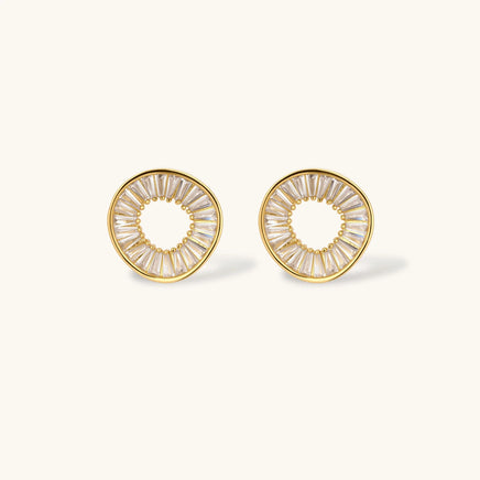 Clear Zirconia circular stud earrings with radial baguette stone design | Olaty