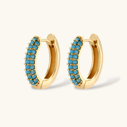 Turquoise Zirconia Huggie Hoop Earrings with curved pavé-style stone setting | Olaty