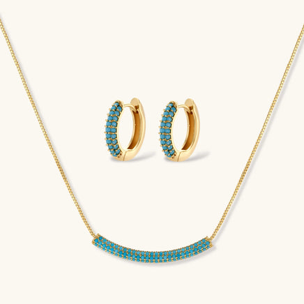 Turquoise Zirconia curved necklace and matching Huggie Hoop Earrings jewelry set | Olaty