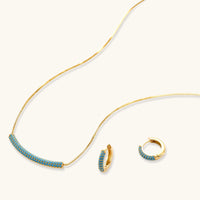 Turquoise Zirconia curved bar necklace with matching Huggie Hoop Earrings | Olaty