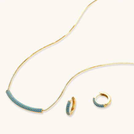 Turquoise Zirconia curved bar necklace with matching Huggie Hoop Earrings | Olaty