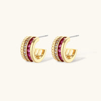 Close-up of Ruby Stack hoop earrings with burgundy and clear zirconia rows | Olaty