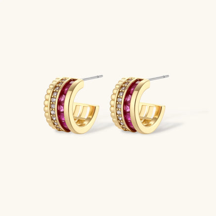 Close-up of Ruby Stack hoop earrings with burgundy and clear zirconia rows | Olaty