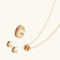 Ruby Stack necklace, hoop earrings and adjustable ring with burgundy and clear zirconia | Olaty