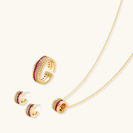 Ruby Stack necklace, hoop earrings and adjustable ring with burgundy and clear zirconia | Olaty