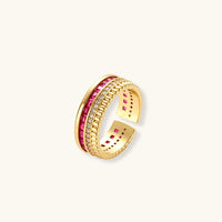 Ruby Stack gold-plated adjustable ring with baguette-cut pink ruby and round-cut clear gemstone embellishments | Olaty