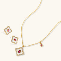 Clover necklace and matching stud earrings with pink center stones and clear zirconia borders | Olaty