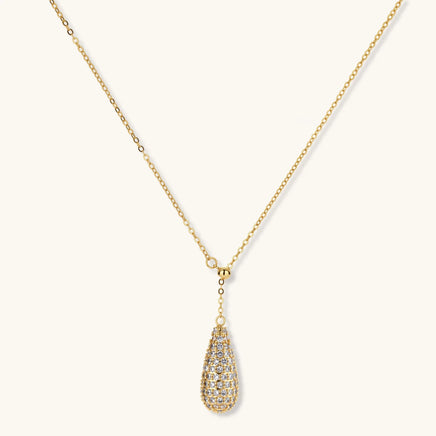 Crystal teardrop pendant necklace with pavé zirconia surface and fine chain | Olaty