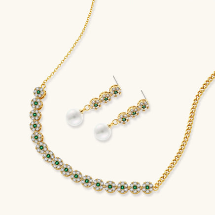 Green and clear Zirconia floral necklace with matching pearl drop earrings | Olaty