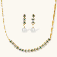 Green and clear Zirconia floral necklace with pearl drop earrings jewelry set | Olaty